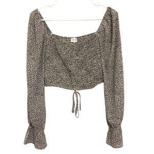 2/$30 Le Lis Black and Cream Animal Print Smocked Long Sleeve Crop Blouse Small